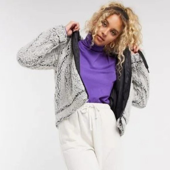 ASOS Noisy May Gray & Black Teddy Fleece Zip Up Jacket - Picture 2 of 4